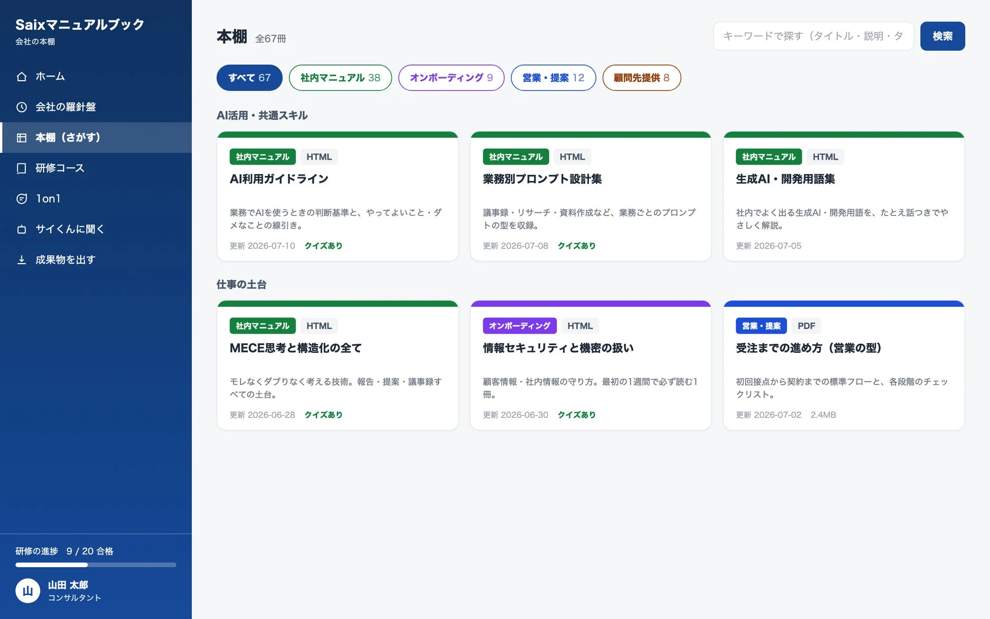 「Saixマニュアルブック」の社内向けナレッジ共有プラットフォーム