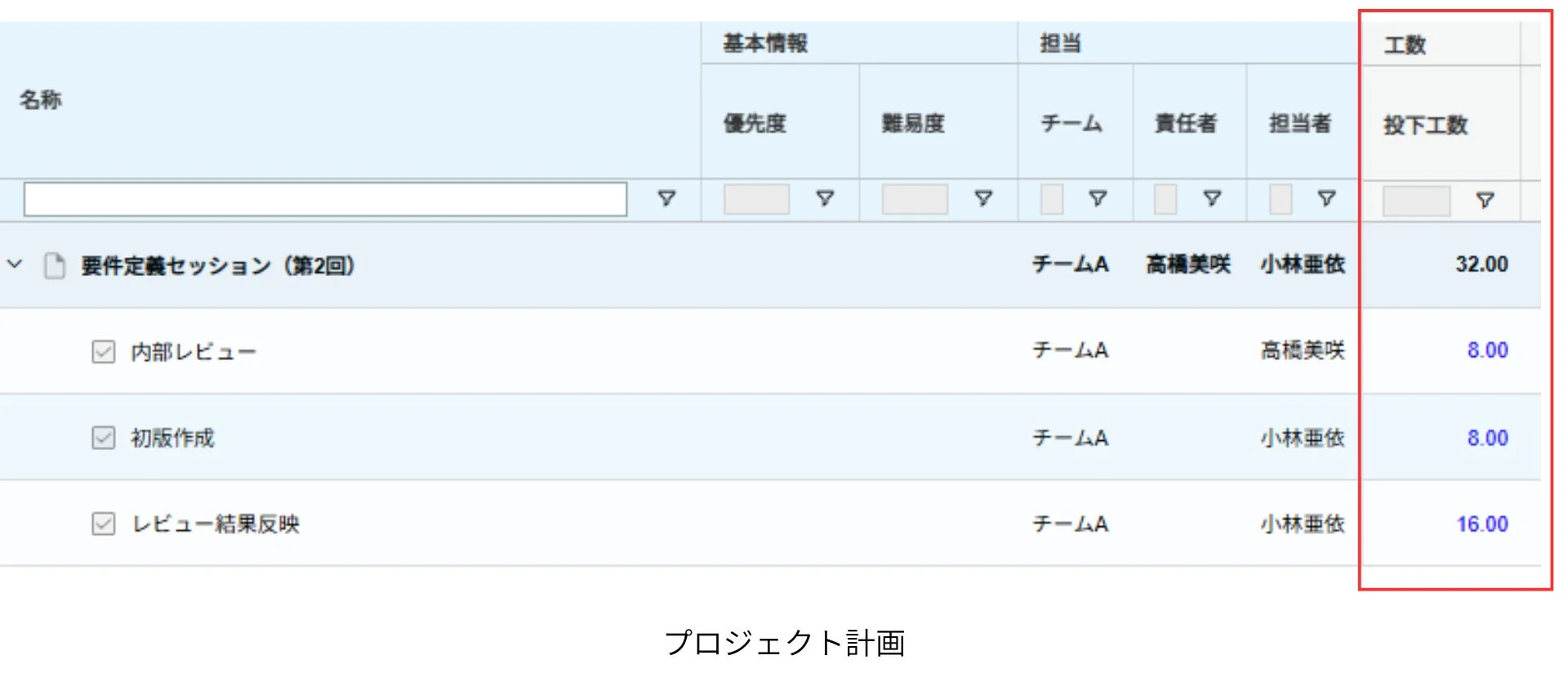 プロジェクト計画画面