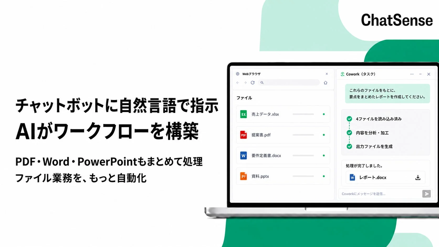 AIがワークフローを自動構築する「ChatSense Cowork」のイメージ