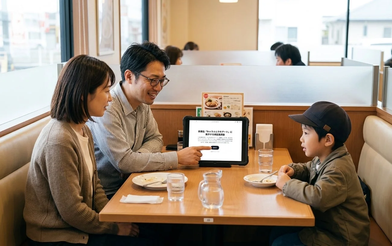 レストランのボックス席で、父親がタブレットを操作し、母親と子供が見守っています
