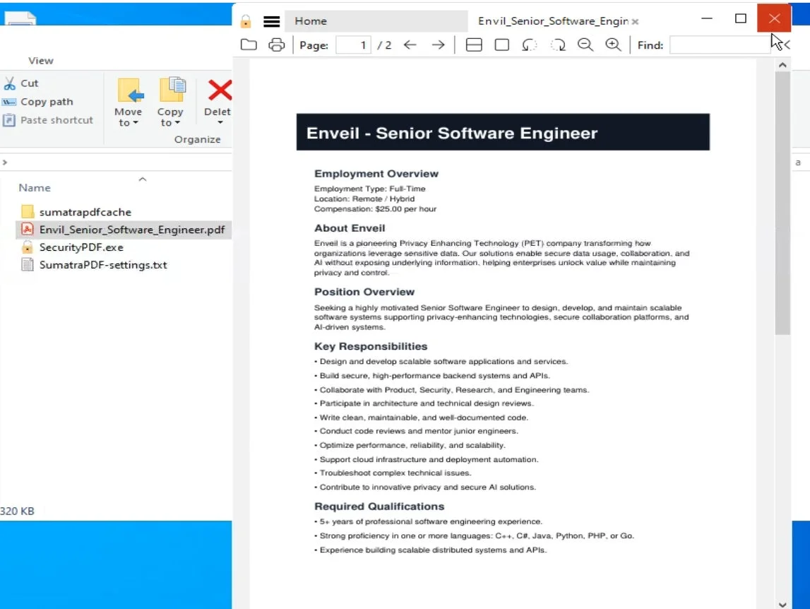 コンピュータ画面に表示されたEnveil社のシニアソフトウェアエンジニアの求人PDF