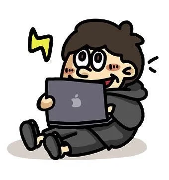 床に座ってAppleのノートパソコンを操作する男の子のイラスト