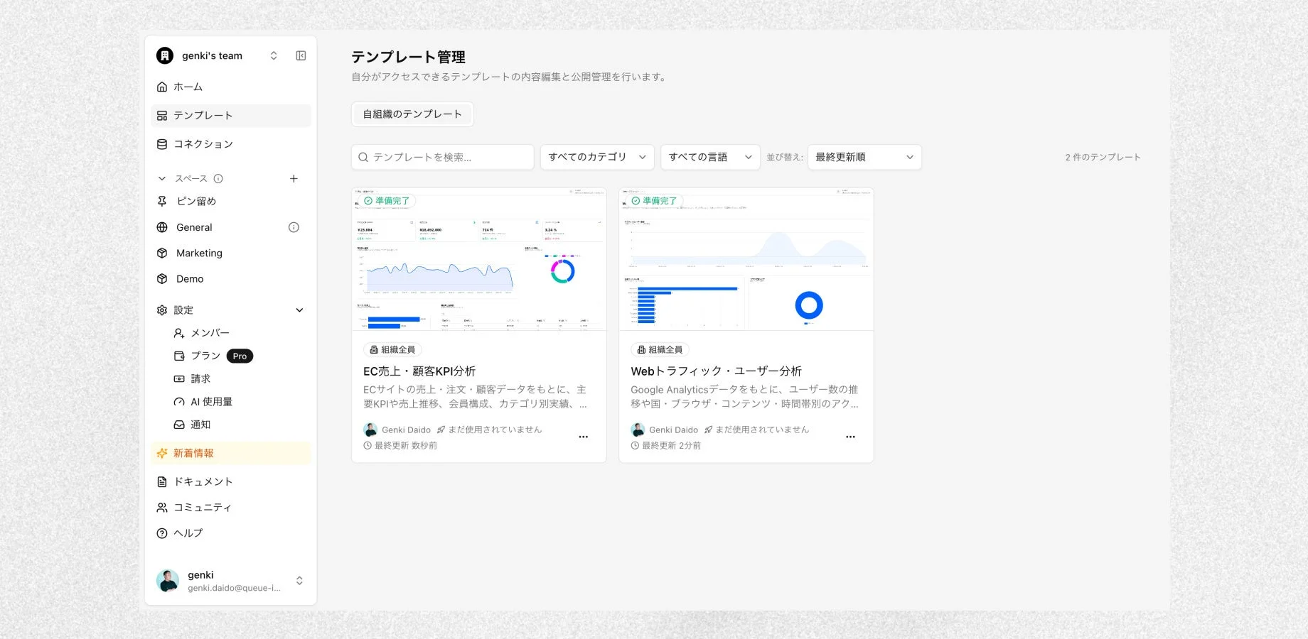 自社のプロジェクトをテンプレートとして組織内で共有する画面