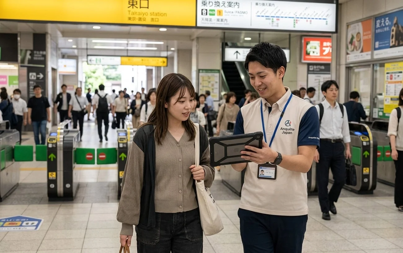 日本の駅構内で、タブレットを持つ男性スタッフが女性に何かを案内している様子