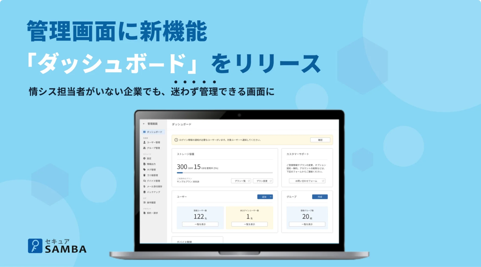 セキュアSAMBA 管理画面 ダッシュボードのイメージ