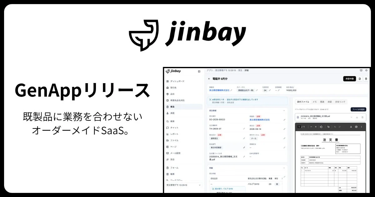 ジンベイ、基幹システム外の業務を自社専用に組み上げる「オーダーメイドSaaS」GenAppの提供を開始