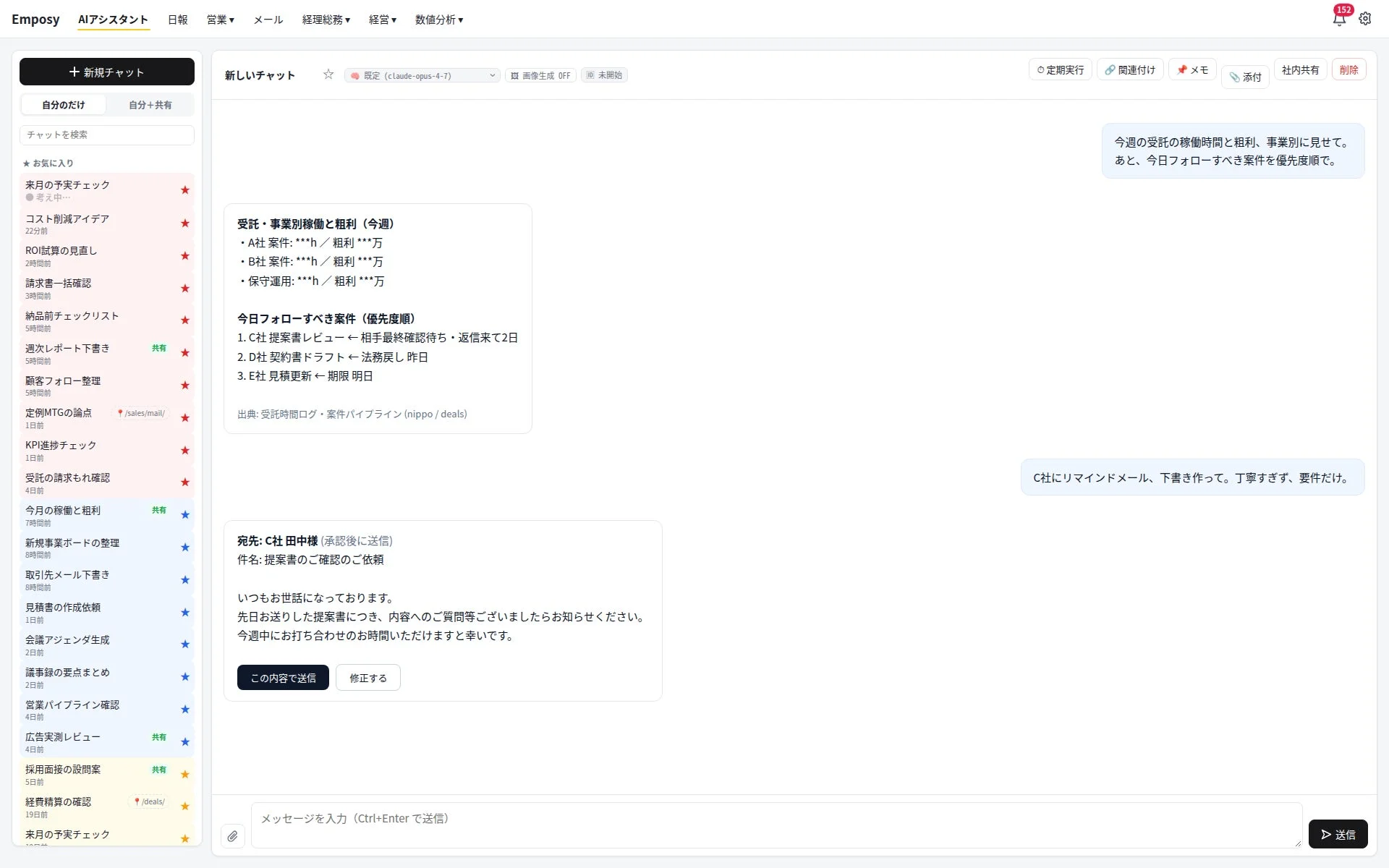 Emposy AIアシスタントの画面で、チャット形式の業務管理ツール。受託案件の稼働時間と粗利、優先順位付けされたフォロー案件、そしてC社への提案書確認メール下書きが表示され、効率的な業務遂行を支援している。