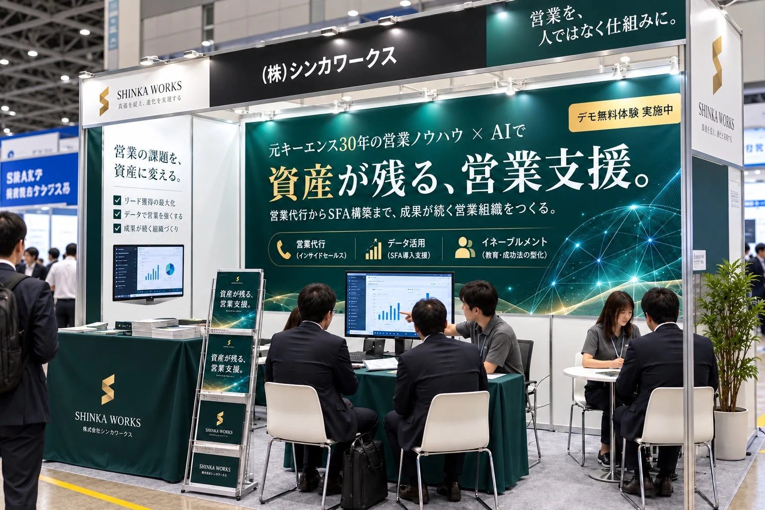 シンカワークスの展示ブースで、AIとキーエンスのノウハウを活用した営業支援サービス「資産が残る、営業支援」が紹介されています。来場者が担当者から説明を受けたり、デモ画面を見たりして商談が行われています。