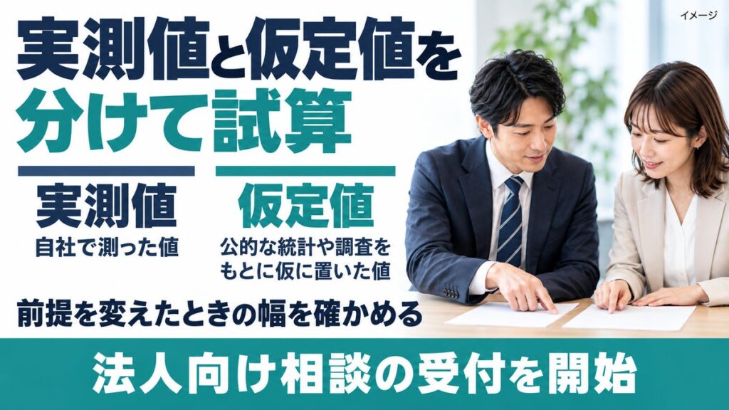 【健康施策の経済面を自社の数字で試算】実測値と仮定値を分けた試算と、経営会議での説明のしかたを一緒に考える法人向け相談の受付を開始