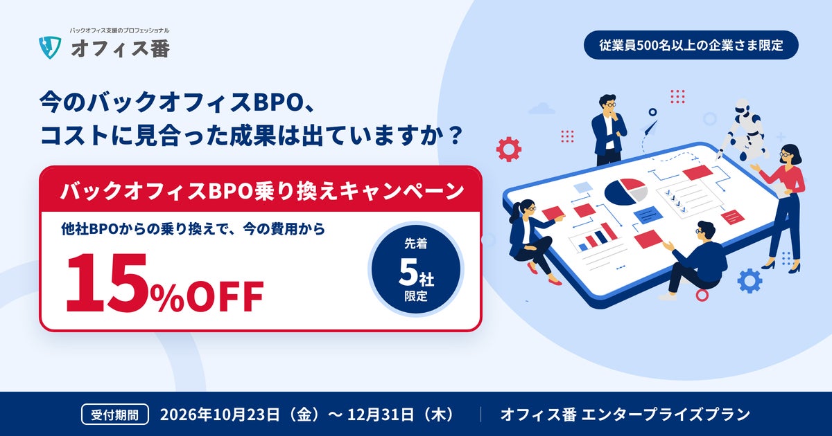 他社BPOの請求額（該当業務分）から15%OFF　レジリエントが従業員500名以上の企業向けに「BPO乗り換えキャンペーン」を先着5社限定で開始