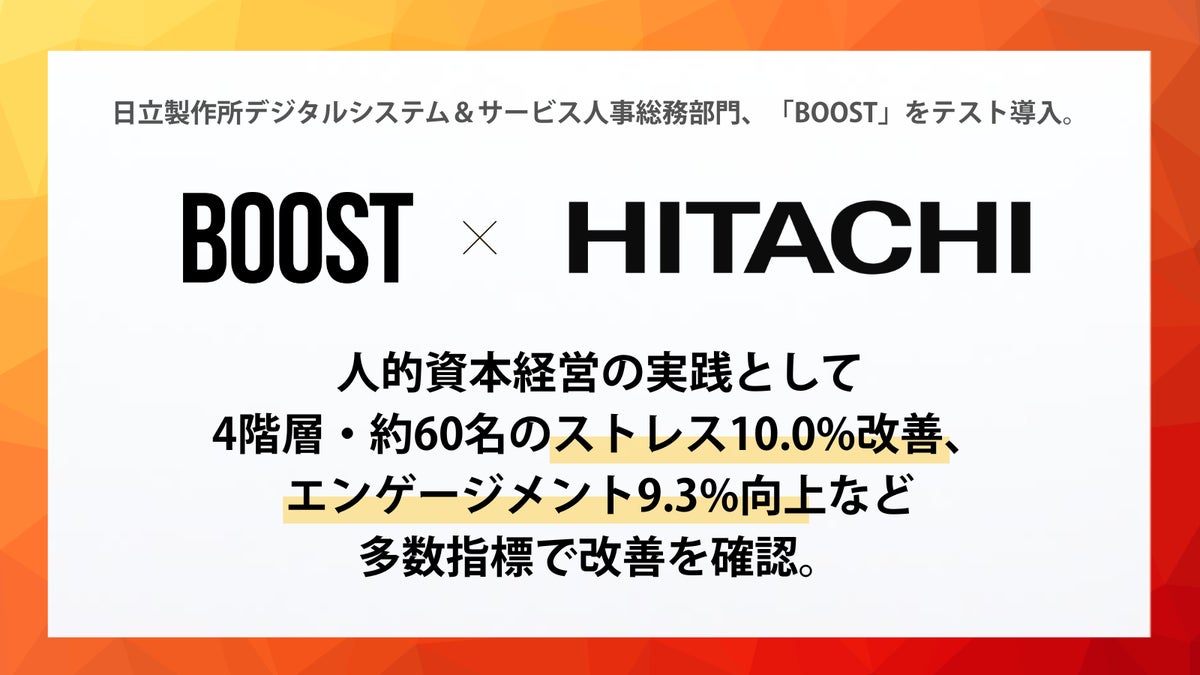 日立製作所デジタルシステム＆サービス人事総務部門、「BOOST」をテスト導入。人的資本経営の実践として、4階層・約60名のストレス10.0%改善、エンゲージメント9.3%向上など多数指標で改善を確認。