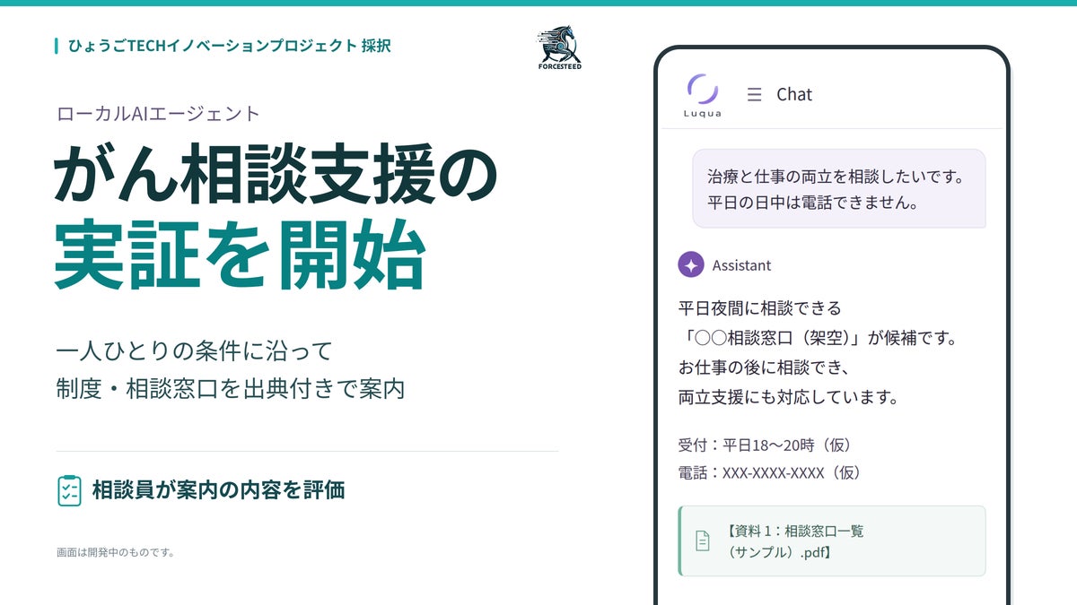 Forcesteed Robotics、兵庫県「ひょうごTECHイノベーションプロジェクト」に採択、疾病対策課とAI実証を開始。がん患者様・ご家族の「相談したい」を、時間や場所に左右されない支援へ。