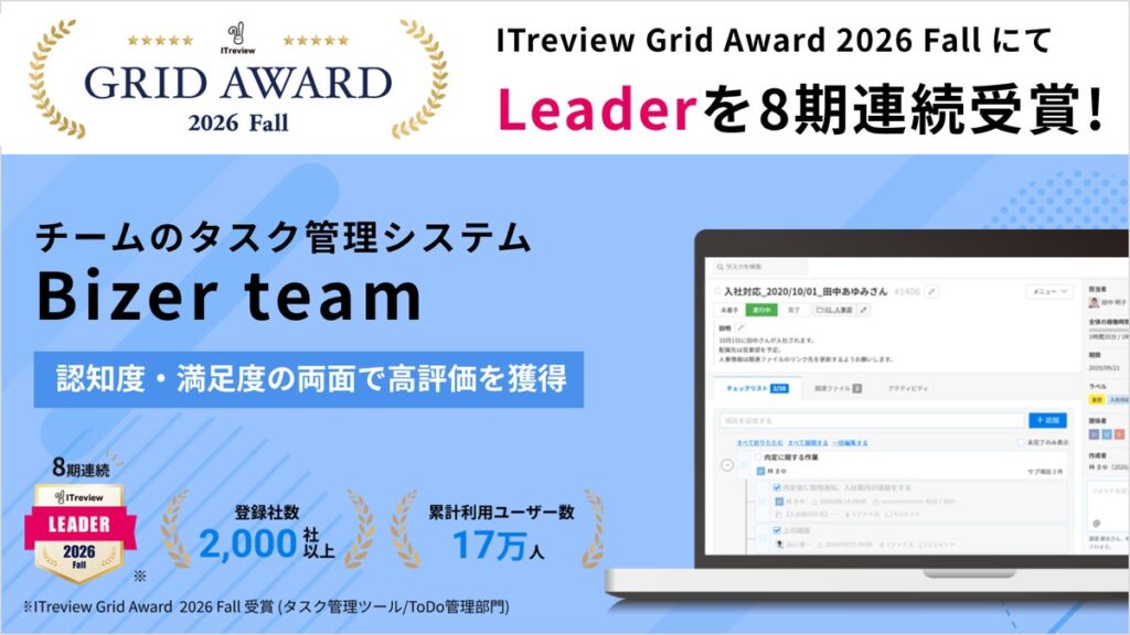 Bizer teamが「ITreview Grid Award 2026 Fall」タスク管理ツール/ToDo管理部門で「Leader」8期連続受賞｜定型業務の多いバックオフィス/BPOで2年間の支持