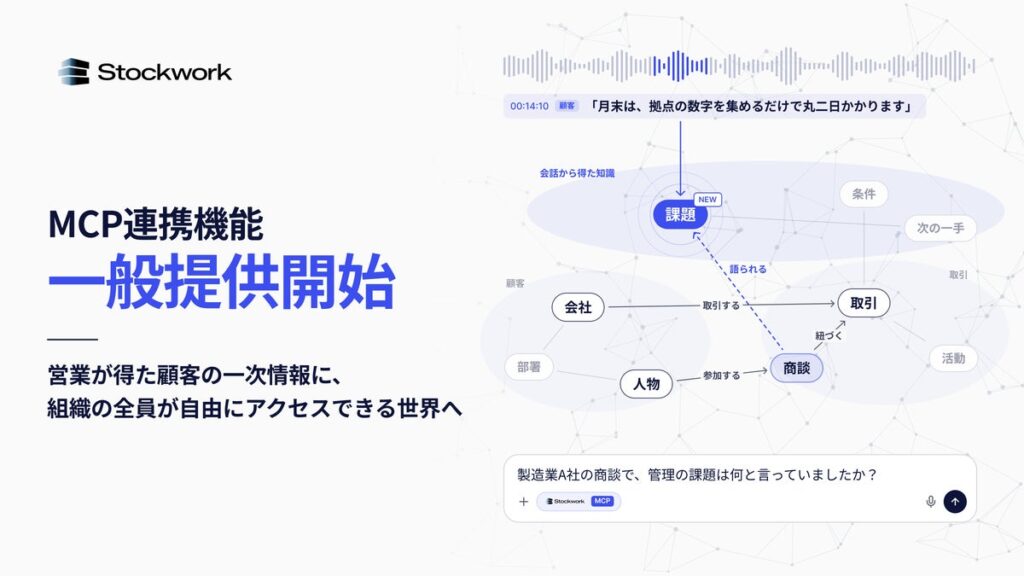 Stockwork、営業が集めた顧客の一次情報を経営・事業の判断に活かすMCP連携を一般提供