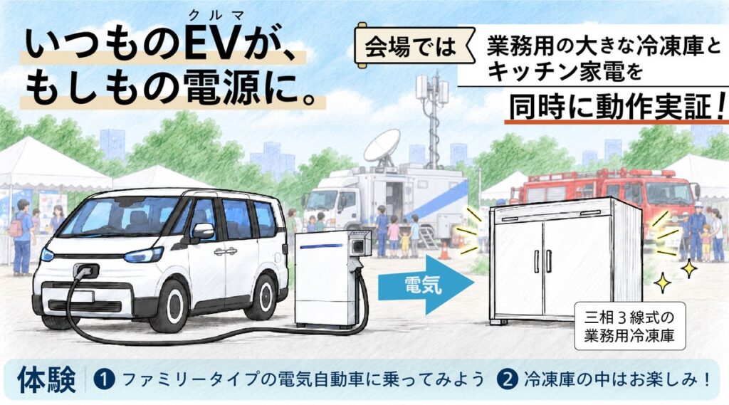 EVの電力で業務用冷蔵庫を動かす　新電元工業が「ぼうさいモーターショー2026」で三相式の産業用V2Hを実演