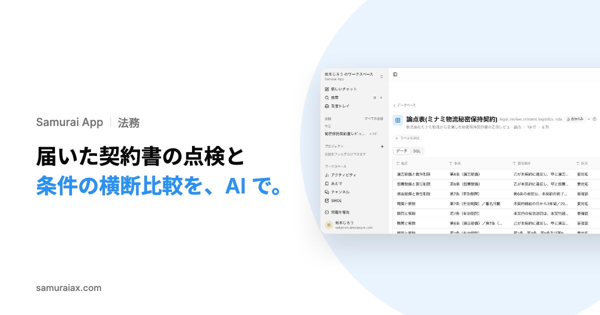 SamuraiAX、業務AIエージェントOS「Samurai App」で、届いた契約書の論点表と稟議のまとめの作成、契約書を横断した条件の比較を提供