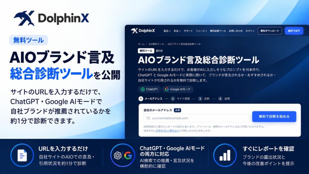DolphinX、無料ツール「AIOブランド言及総合診断ツール」を公開。サイトのURLで、ChatGPT・Google AIモードで自社ブランドが推薦されているかを約1分で診断